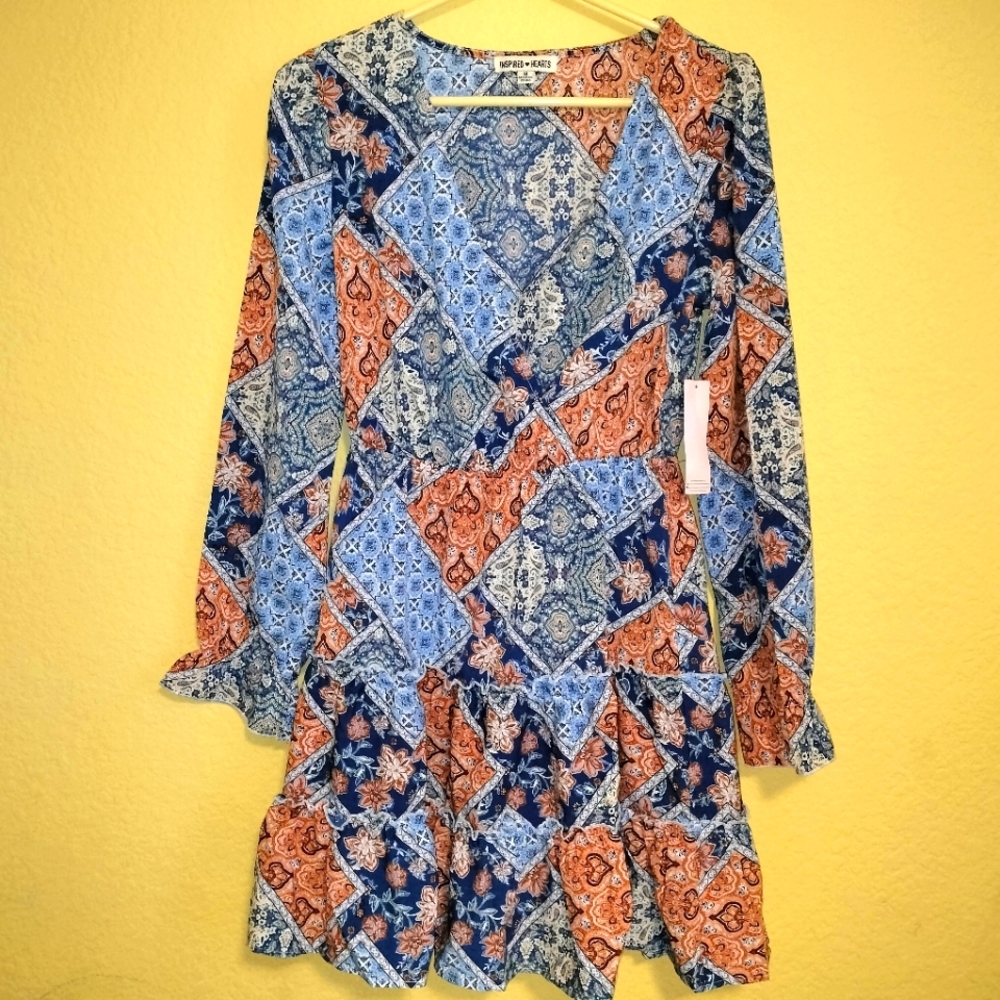 NWT Inspired•Hearts Boho Midi Knee Length Mixed Print Dress Size Medium